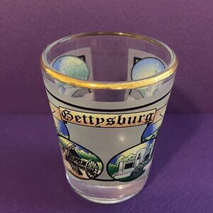 Shot Glass Featuring Gettysburg Battlefield Monuments ~ Glass w/Gold-Tone Trim